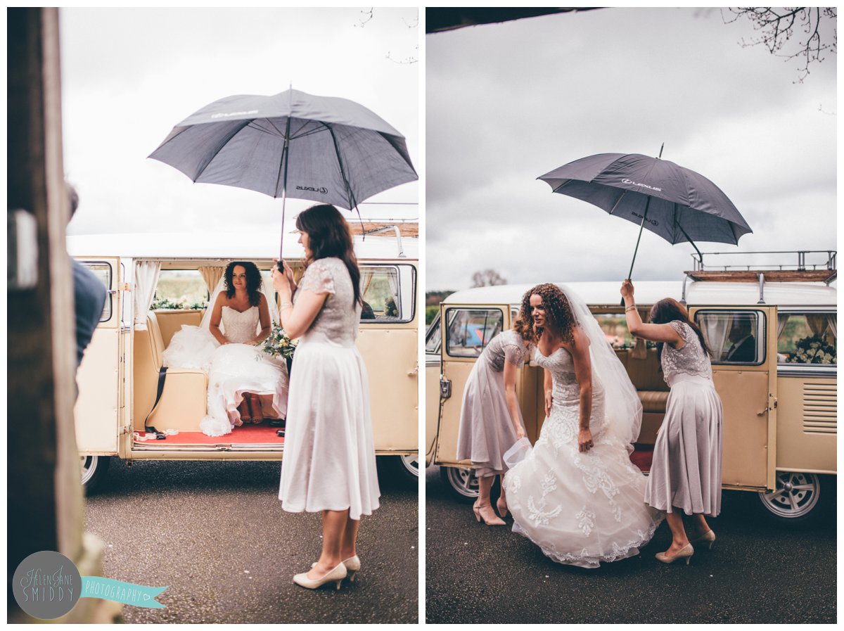 The beautiful bride arrives at Toft church in a camper van.