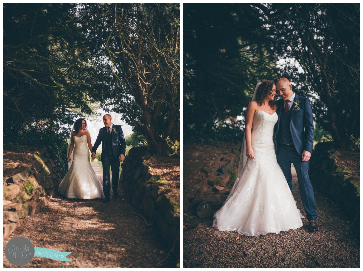 Lyssa and Dom share an intimate moment in the greenery at Mere Court Hotel in Knutsford.