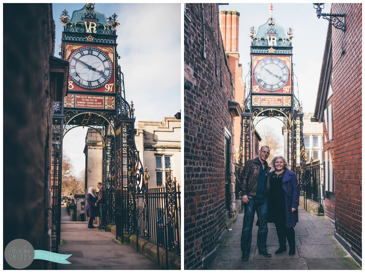 Couple walk towards their Cheshire wedding photographer for their engagement shoot in Chester city centre.