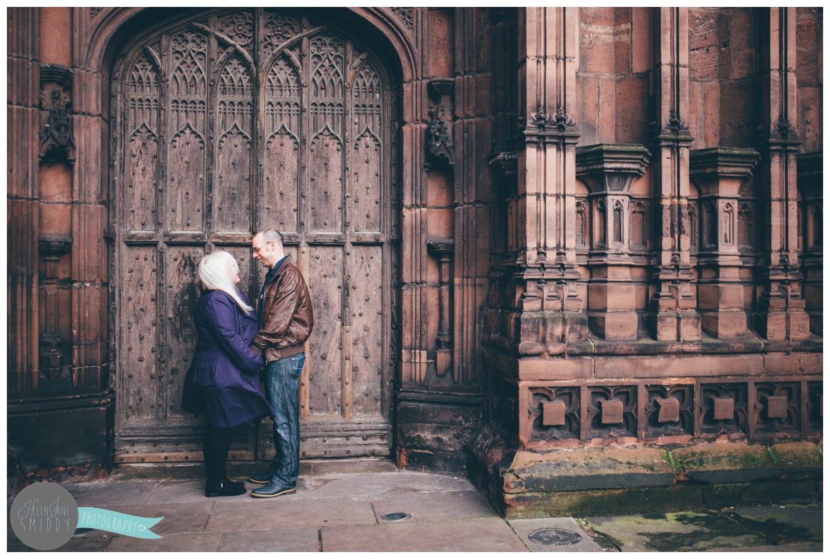 The stunning wooden archway of Chester Cathedral makes the perfect backdrop for an engagement shoot.