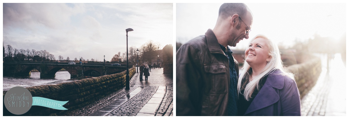 Joanna and Alan stroll, hand-in-hand along the River Dee in Chester, Cheshire.