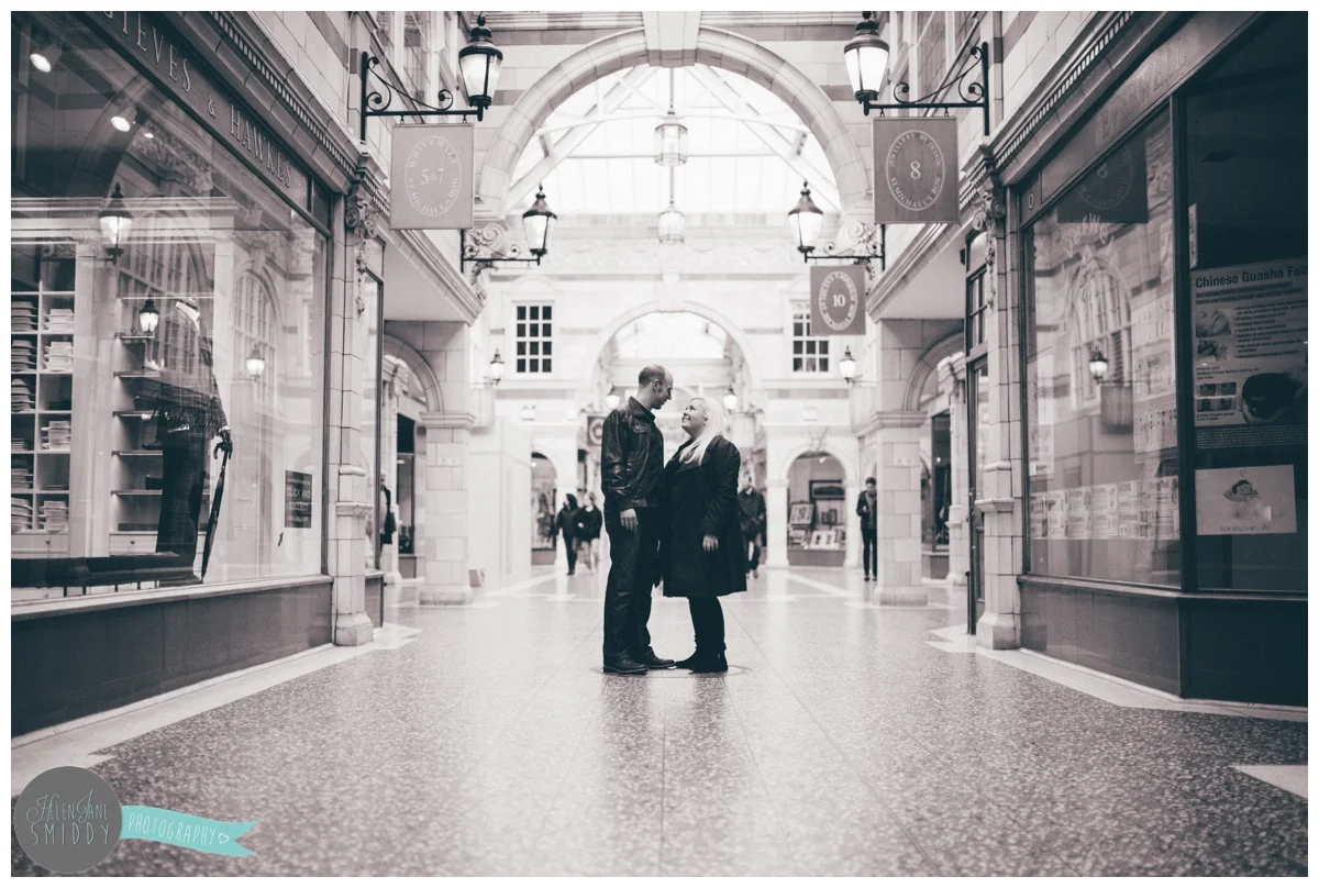 Close up photograph in black and white, of Jo and Alan on their pre-wedding shoot in the Grosvenor in Chester City Centre.