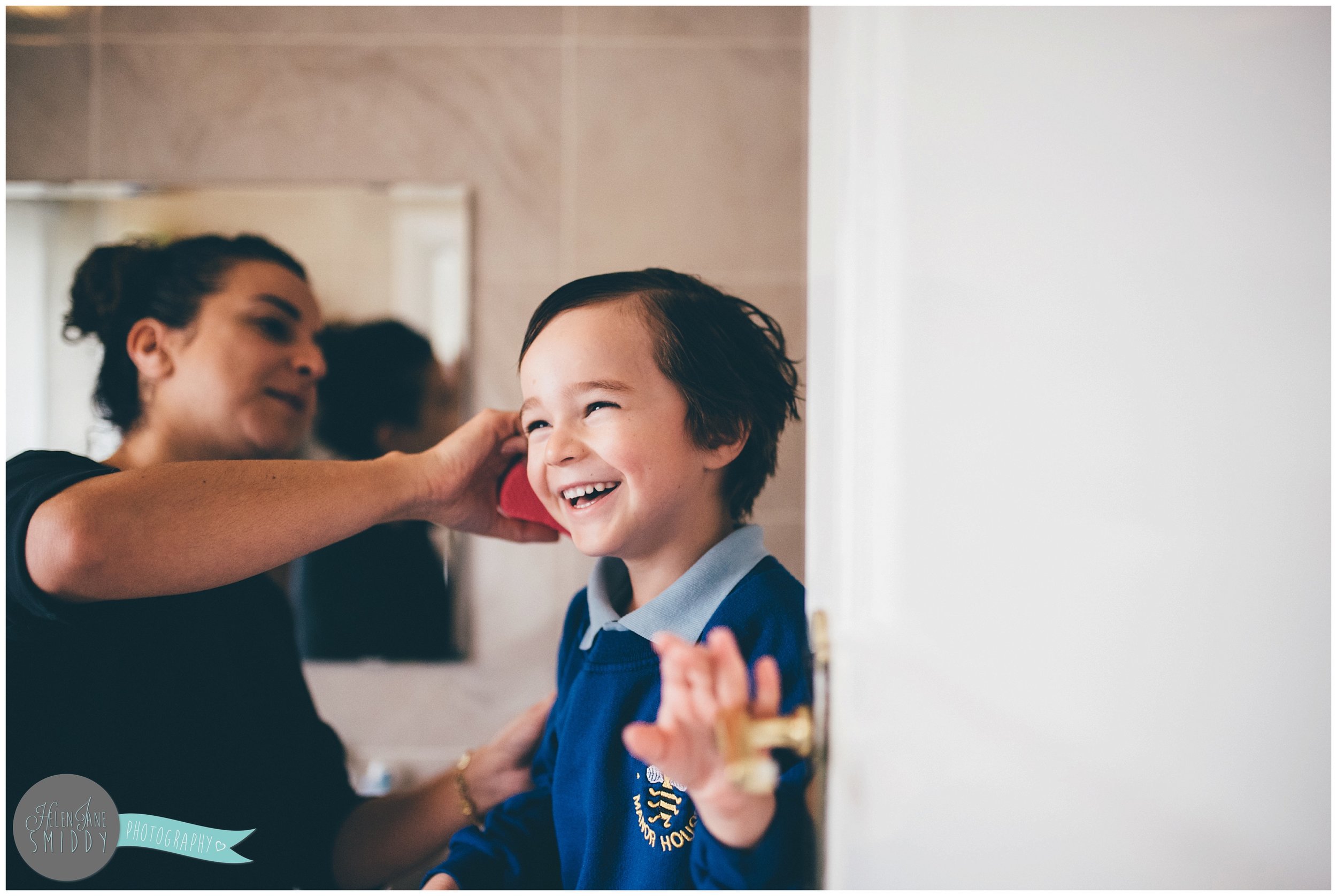 Isaac laughs so hard whilst his mummy jokes with him getting ready for school.