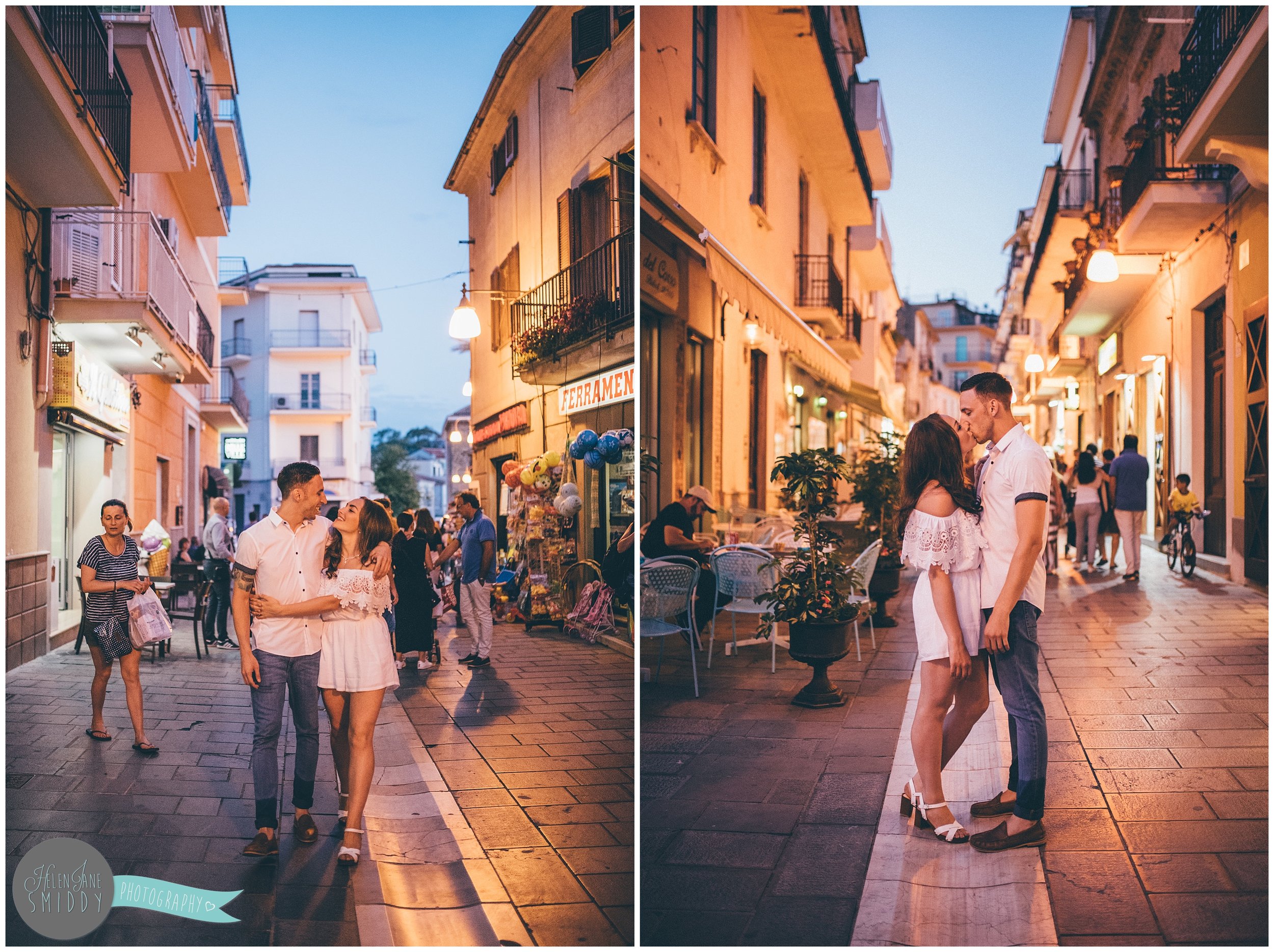 Sabrina and Dom stroll through the streets f Santa Maria di Castellabate for their pre-wedding photoshoot.
