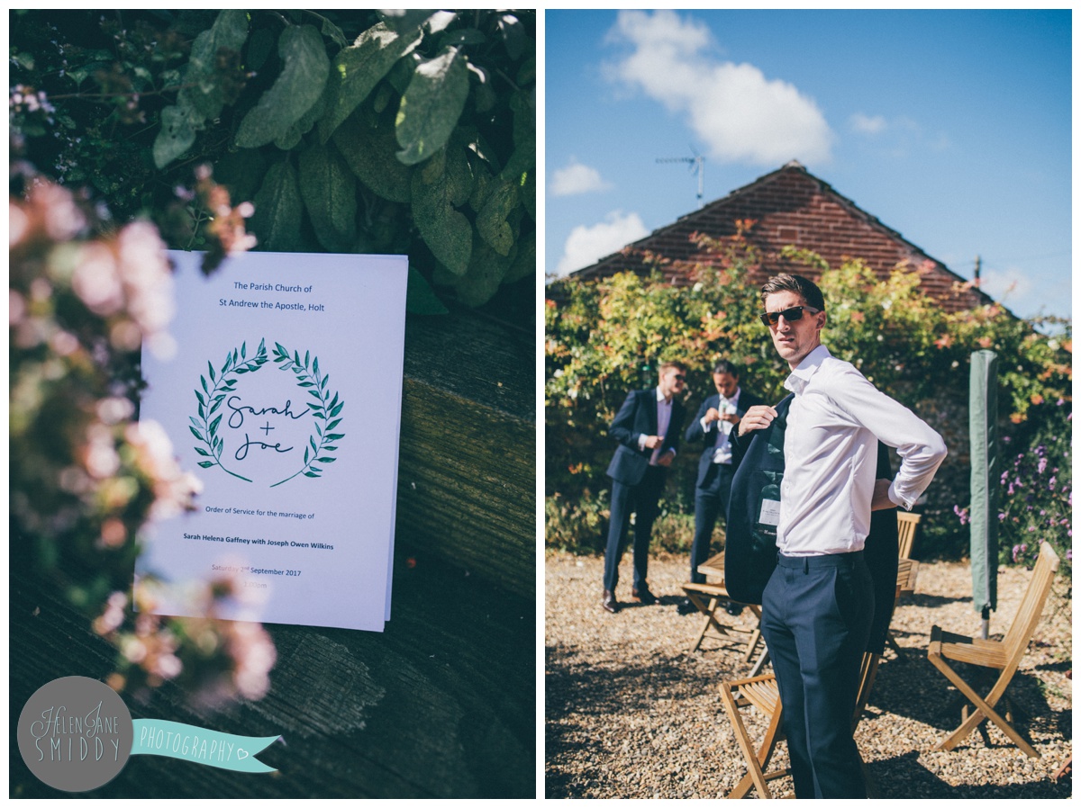 Groom preparations on a sunny wedding morning in Norfolk.