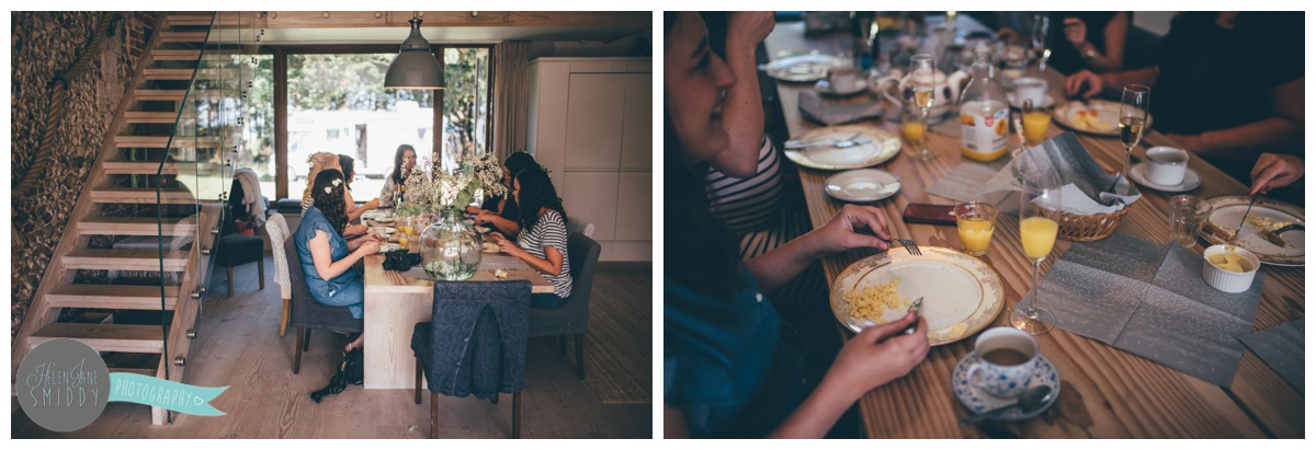 The bride and bridesmaids have breakfast at Barn Drift in Norfolk on the wedding morning.