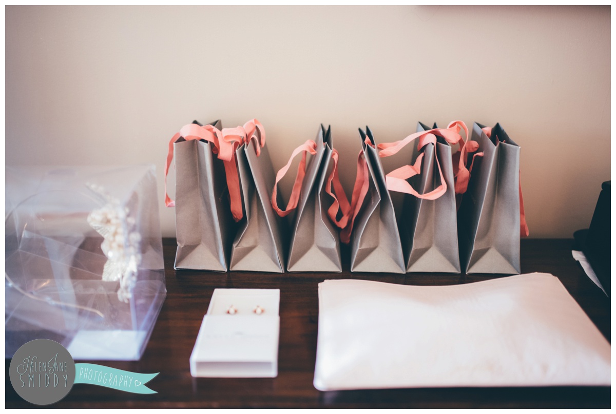 Gifts packed up for the bridesmaids on the wedding morning.