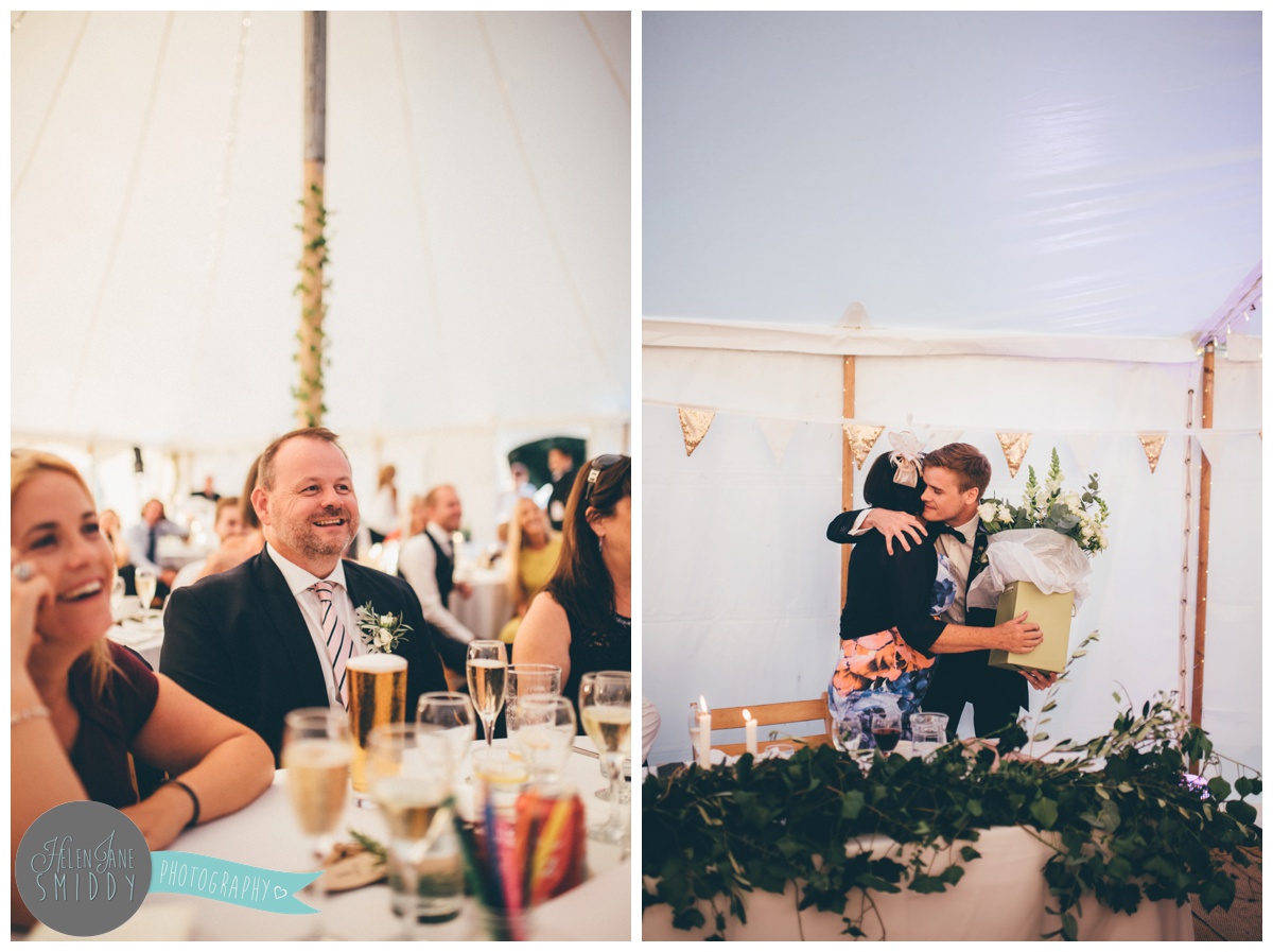 Wedding speeches shot by Cheshire wedding photographer at Barn Drift in Norfolk.