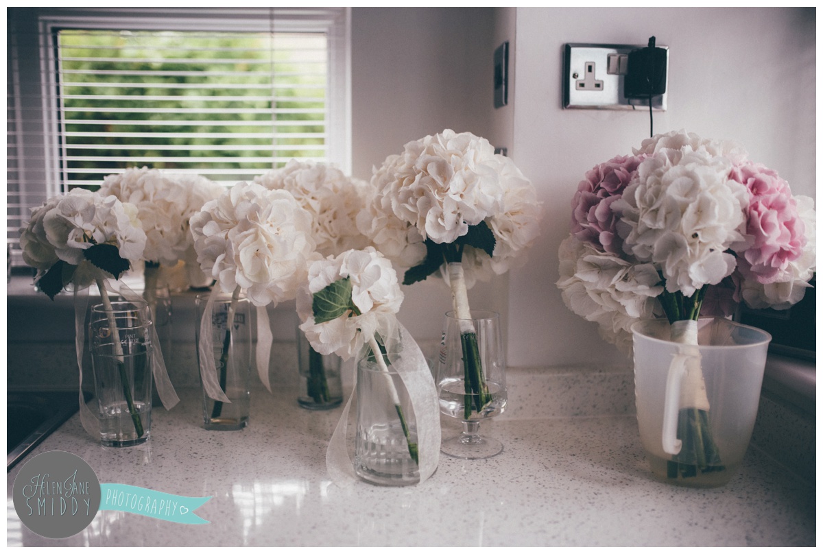 The bride and bridesmaid's wedding hydrangea bouquets in the kitchen, waiting to be used.