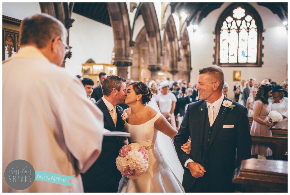 The bride and groom see each other for the first time.