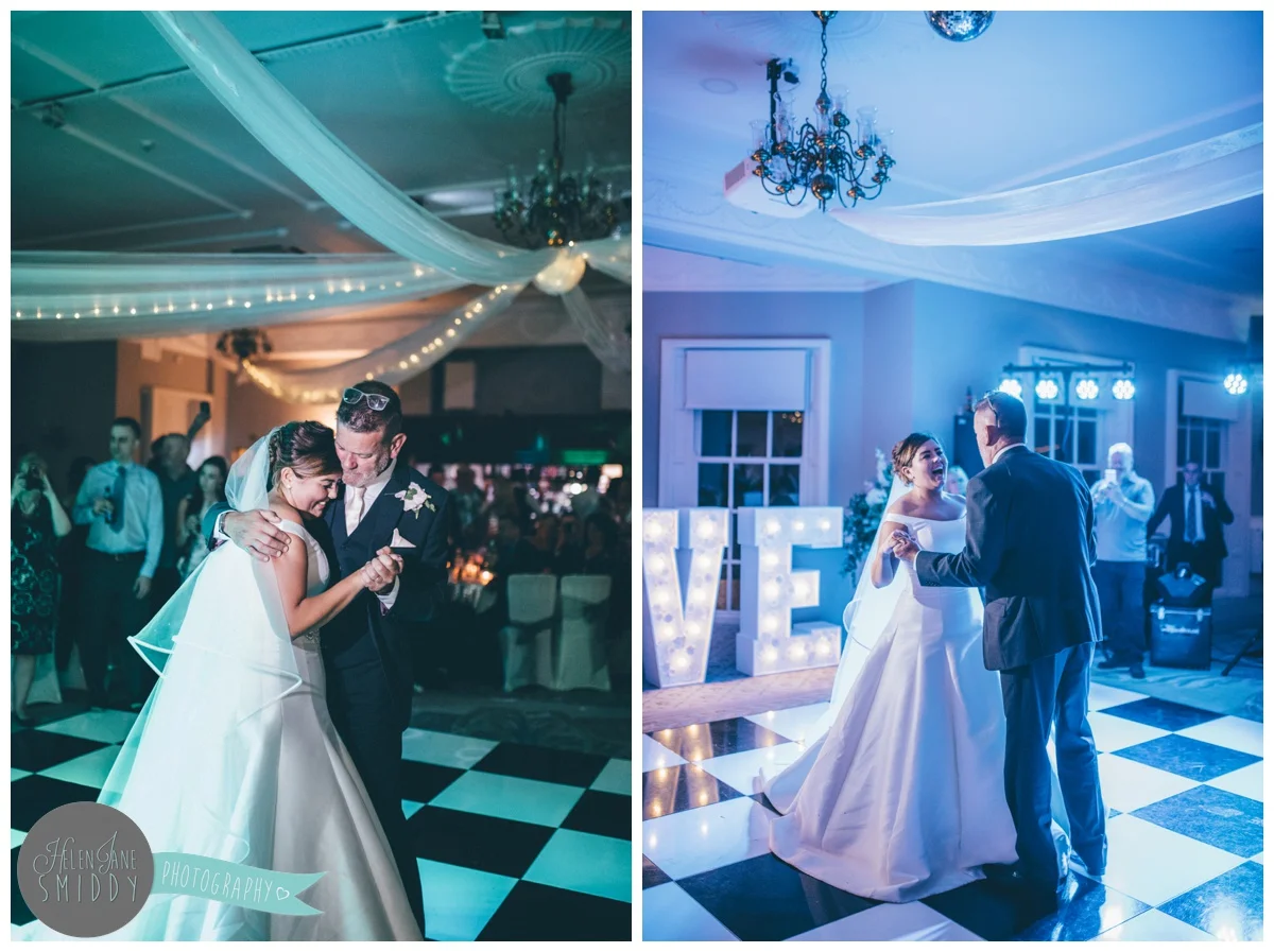 The bride and her Dad have an emotional first dance at Statham Lodge in Cheshire.