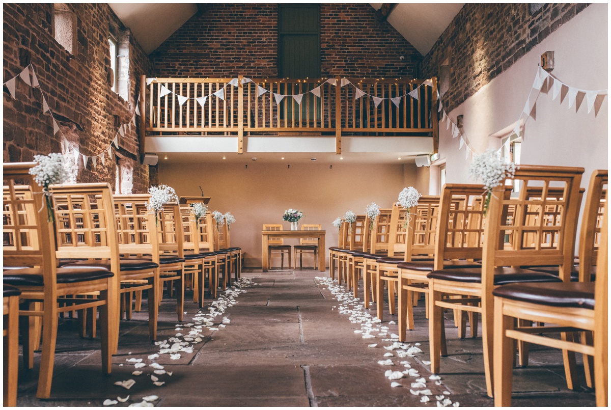 The ceremony room at The Ashes wedding barn in Staffordshire.