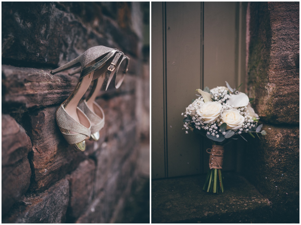 Beautiful bridal shoes and a gorgeous, rustic wedding bouquet.
