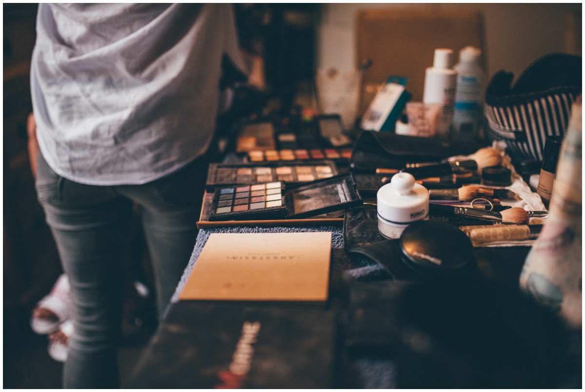 The make-up all laid out at the Manchester bride's house.