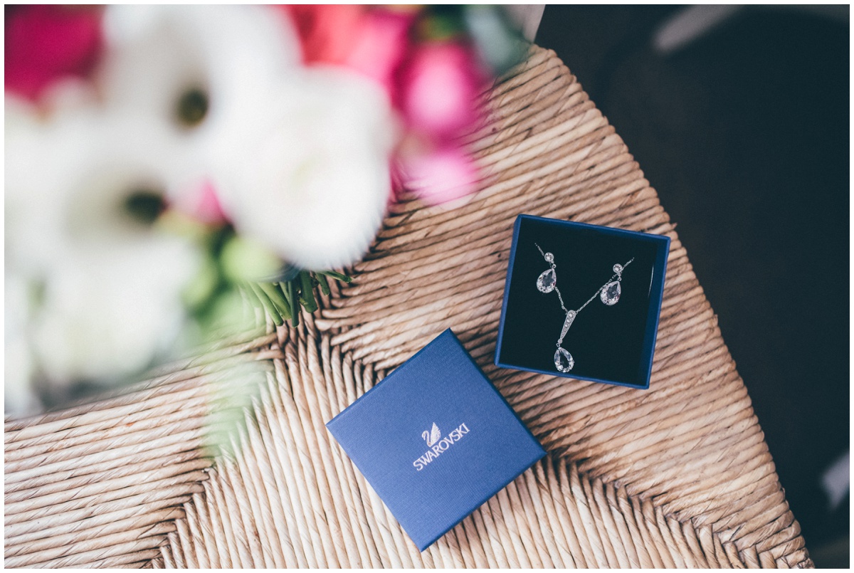 The Manchester bride's beautiful Swarovski jewellery is laid out on the morning of her wedding.