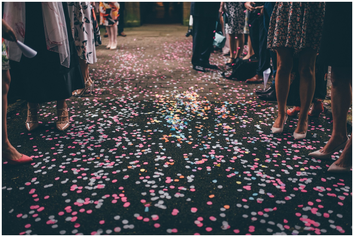 Beautiful and colourful confetti on the ground outside St Mark's Church in Worsley.
