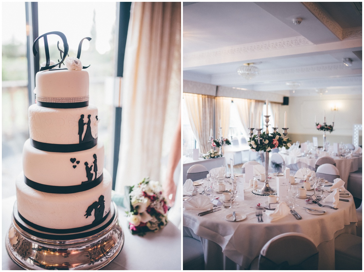 The silhouette wedding cake and table plan at a Willington Hall wedding in Cheshire.