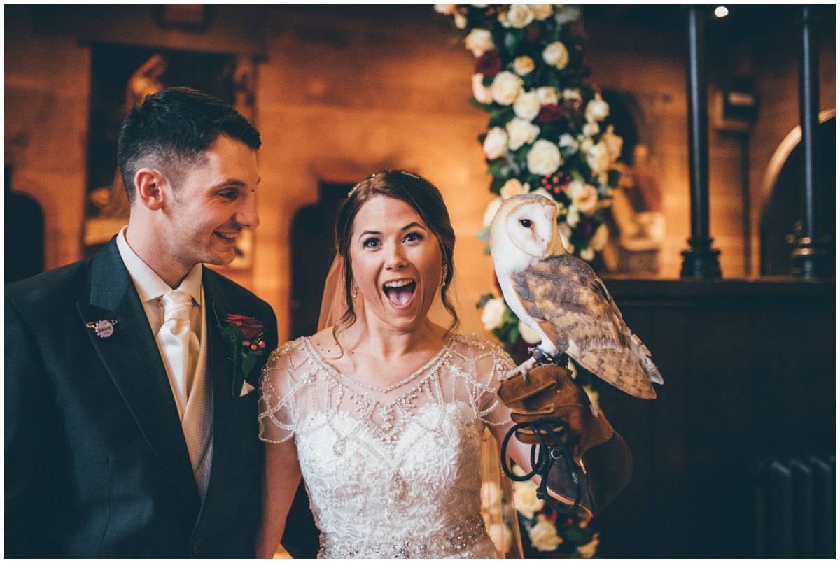An owl delivered the rings to the bride and groom at Cheshire fairytale wedding.