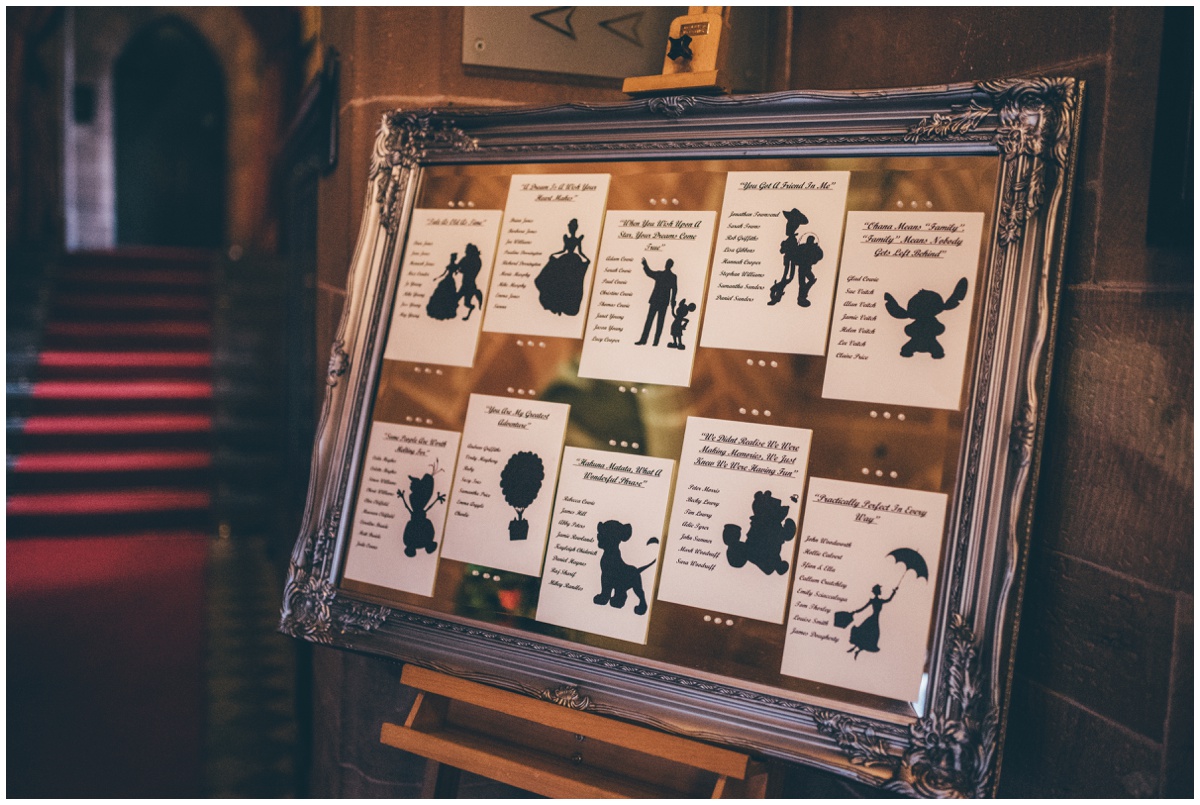 Disney themed table plan at Peckforton Castle.