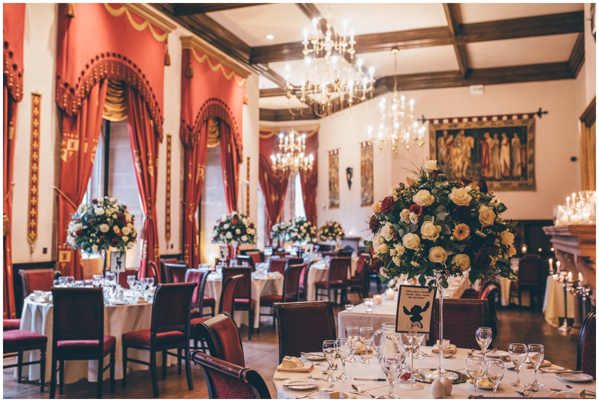 Interior of the wedding breakfast set-up at Peckforton Castle.