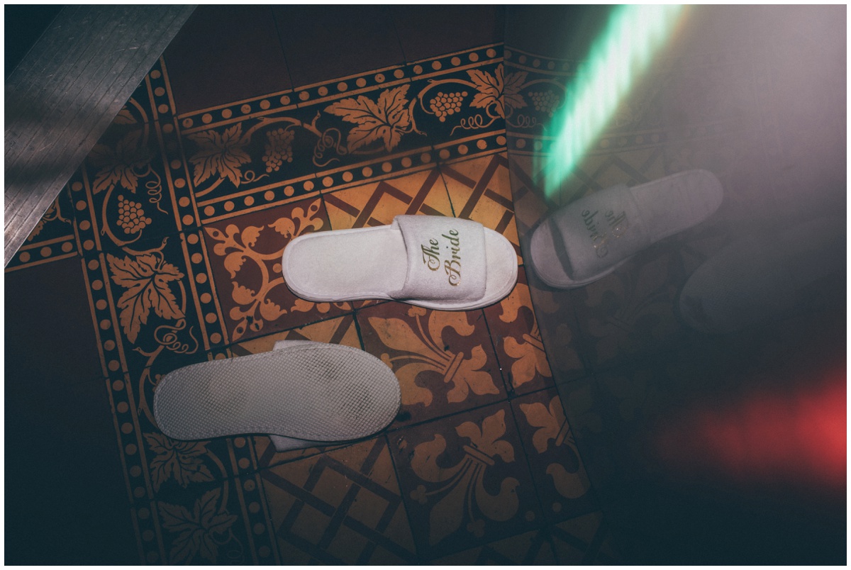 The bride's wedding slippers are abandoned at the end of the wedding party!