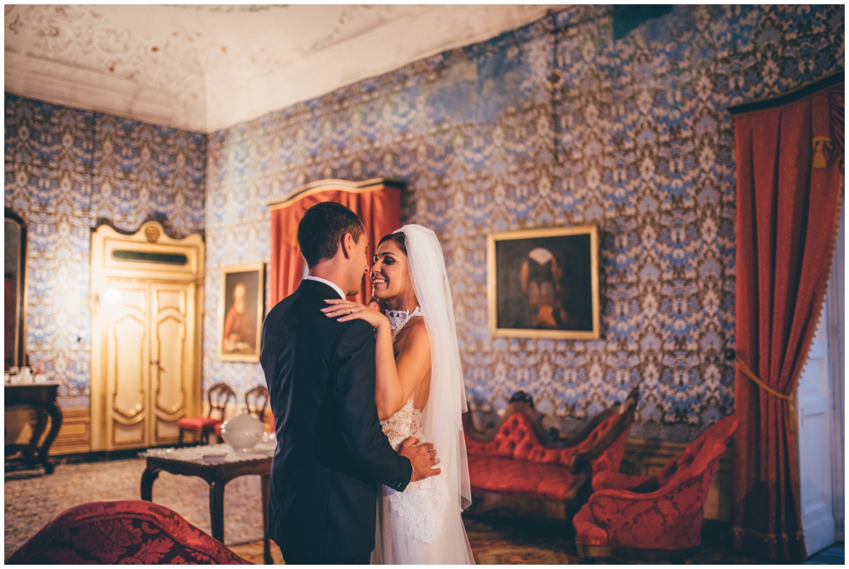 The new husband and wife enjoy time together after their wedding ceremony in Italy.