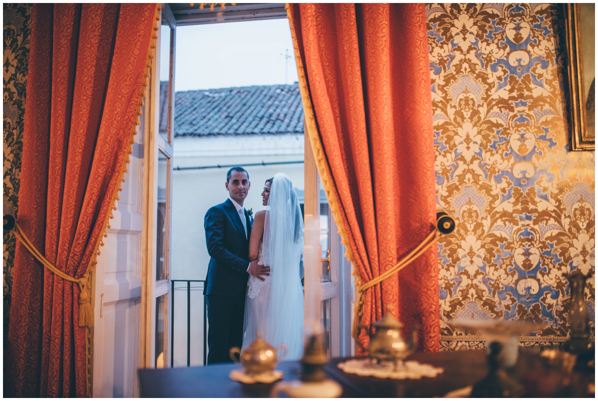 The new husband and wife enjoy time together after their wedding ceremony in Italy.