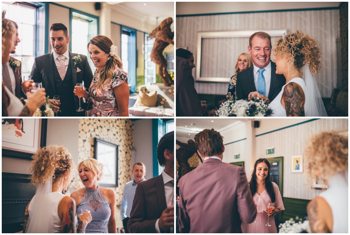 Bride and groom greet their wedding guests at Oddfellows in Chester.