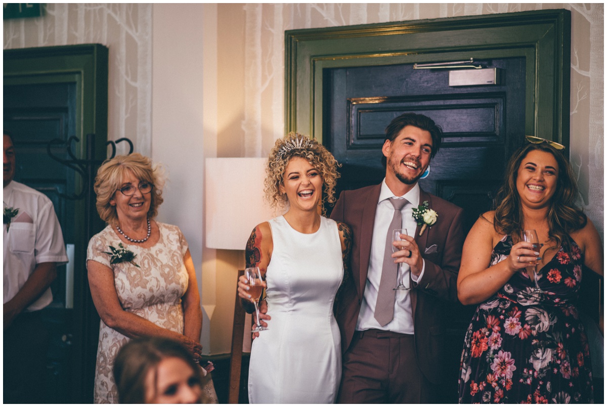 Wedding speeches at tattooed couples wedding in Oddfellows, Chester city centre.
