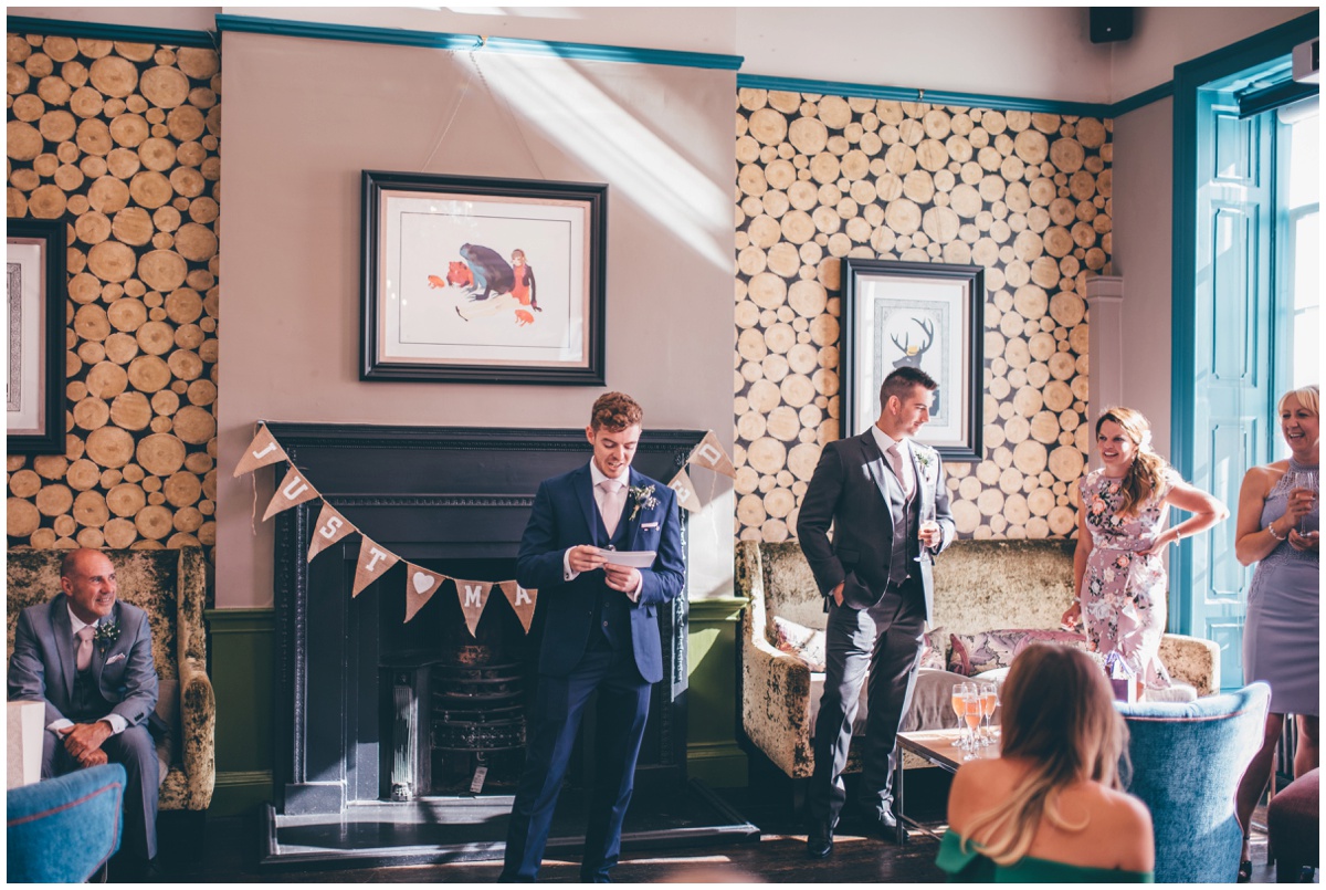 Wedding speeches at tattooed couples wedding in Oddfellows, Chester city centre.
