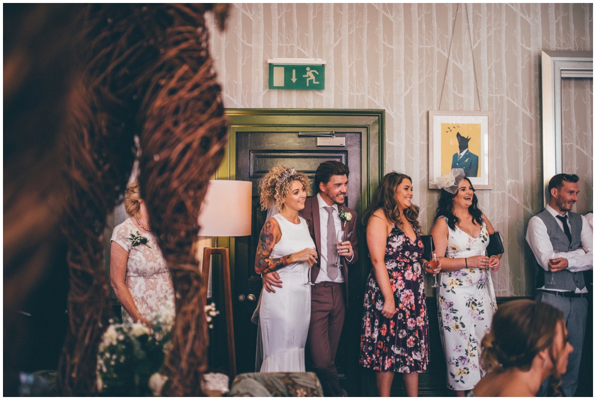 Wedding speeches at tattooed couples wedding in Oddfellows, Chester city centre.
