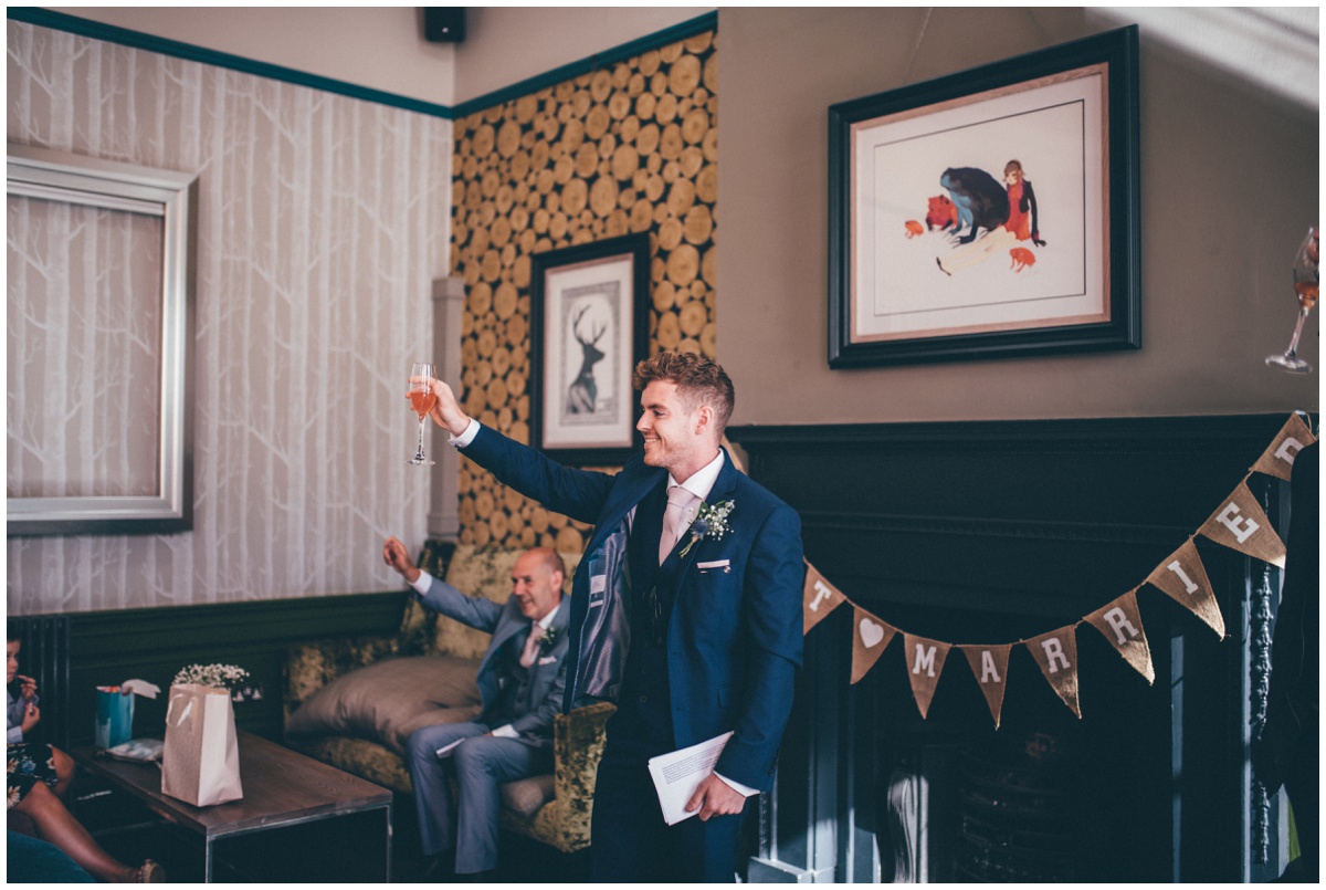 Wedding speeches at tattooed couples wedding in Oddfellows, Chester city centre.