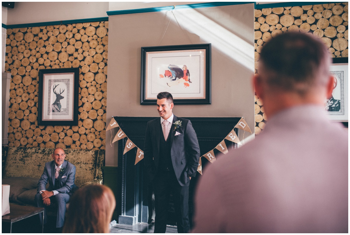 Wedding speeches at tattooed couples wedding in Oddfellows, Chester city centre.