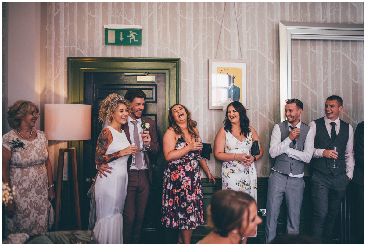 Wedding speeches at tattooed couples wedding in Oddfellows, Chester city centre.