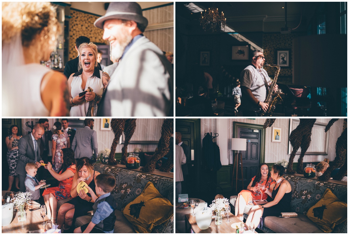 Wedding guests enjoy the wedding reception at Oddfellows in Chester.