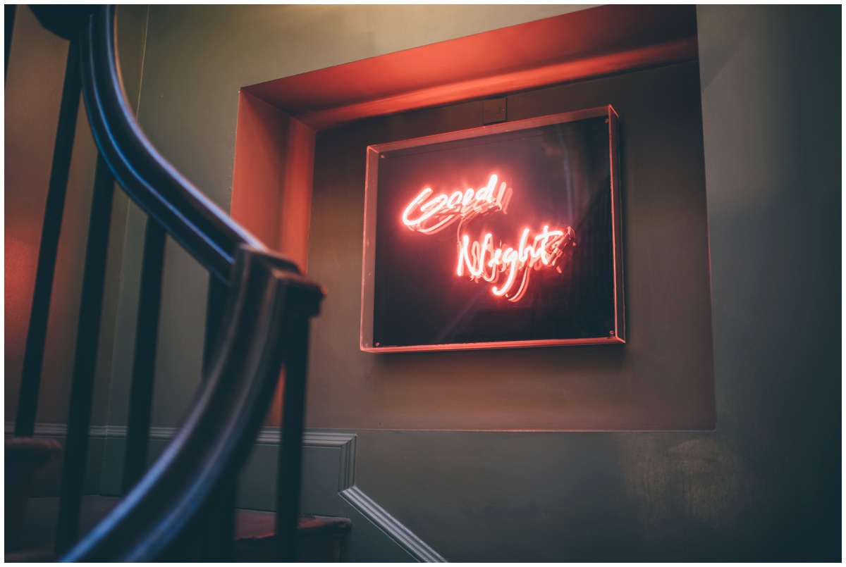 Neon sign at Oddfellows wedding in Chester.
