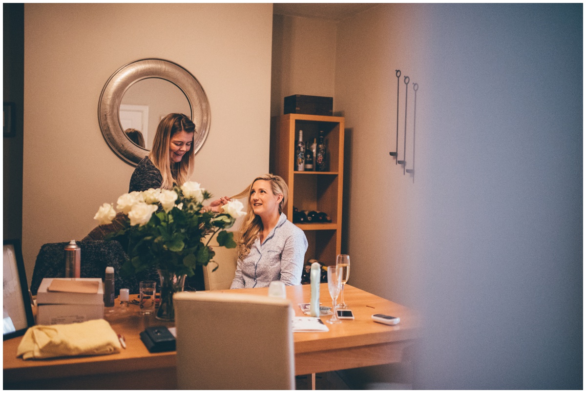 Cheshire bride gets her hair done for her New Years Eve wedding.
