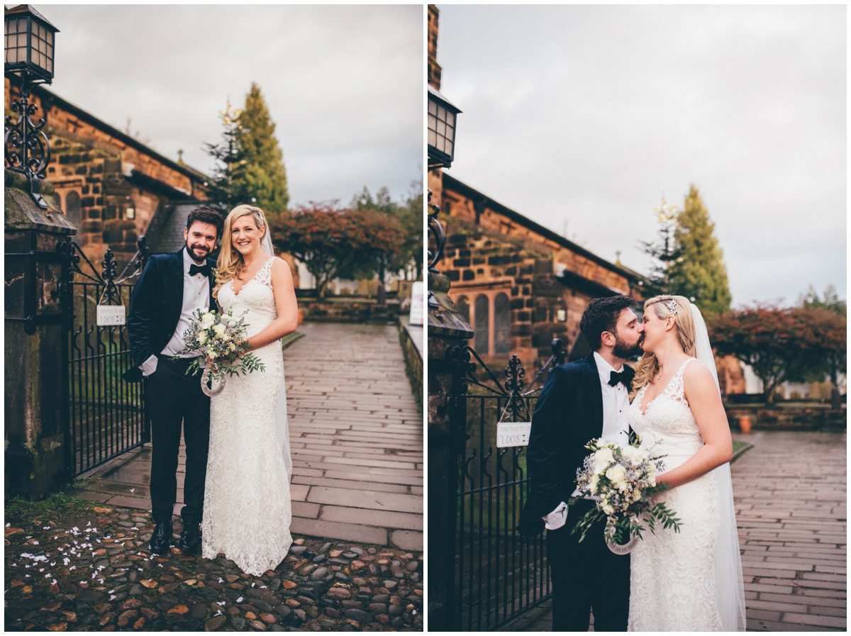 New husband and wife pose outside their Cheshire church on New Years Eve.
