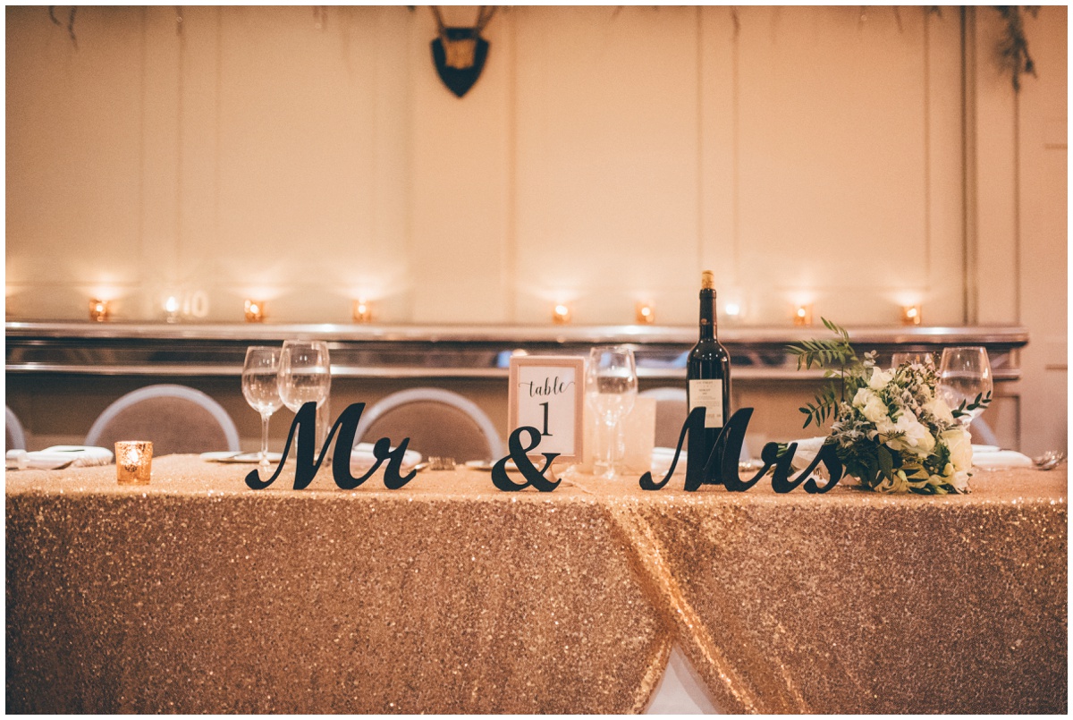 Table decorations at New Years Eve wedding at Great John Street in Manchester.
