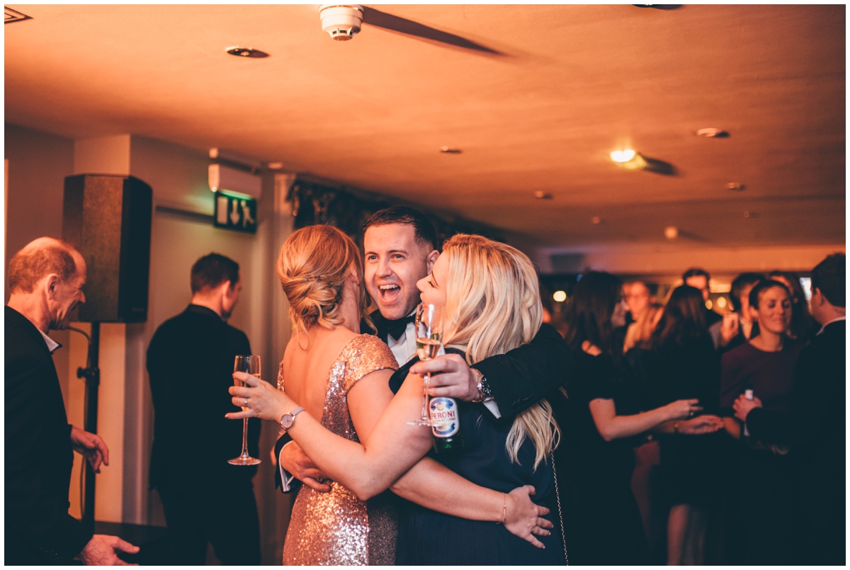 Wedding guests celebrate at New Years Eve wedding at Great John Street Hotel in Manchester.