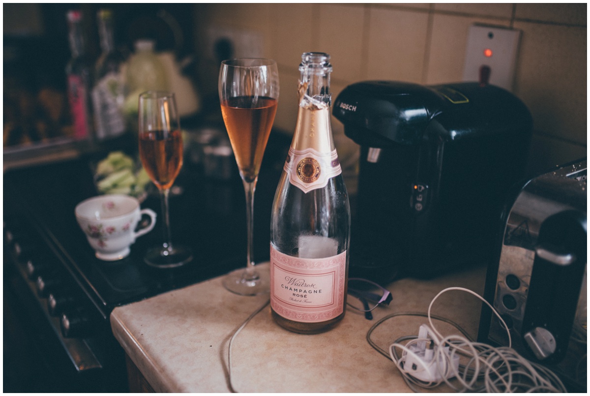 Pink champagne for the bride and her bridesmaids on the wedding morning.