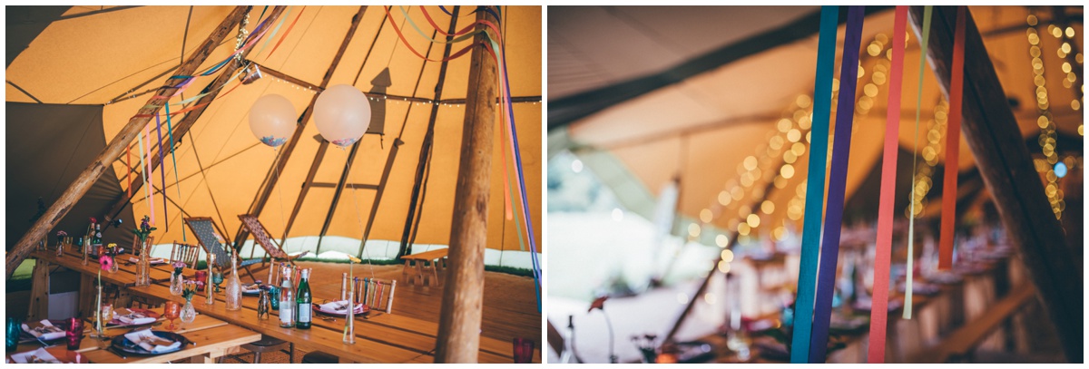 Interior of brightly coloured wedding tipi in Staffordshire.