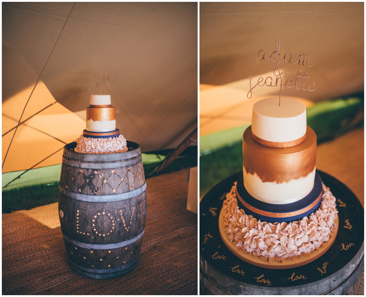 Stunning homemade wedding cake at a tipi wedding in Staffordshire.