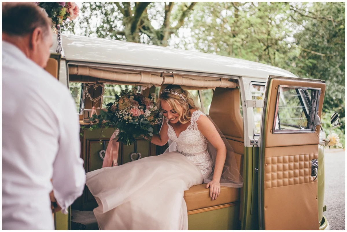 The bride arrives at St. Matthews church in Leek, Staffordshire.