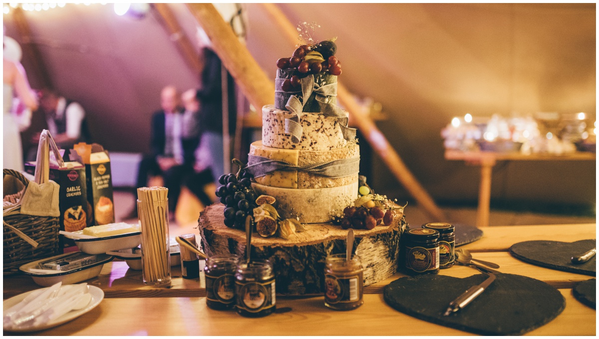 Amazing cheese tower at a tipi wedding in Leek, Staffordshire.
