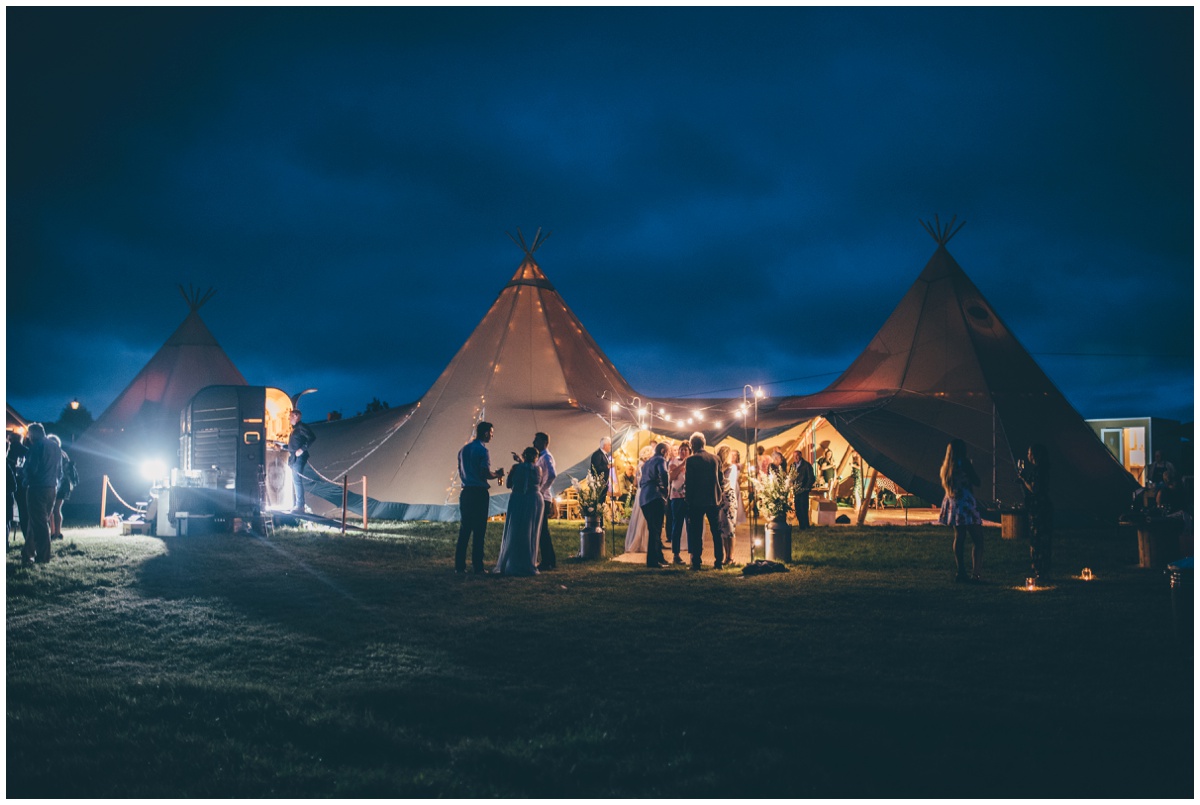 The gorgeous wedding tipi in Staffordshire at dusk.