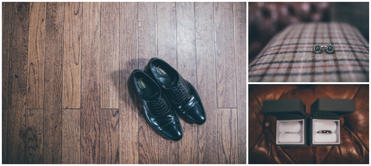 The grooms cufflinks, shoes and watch on the morning of his wedding at the log cabins at Delamere Forest.