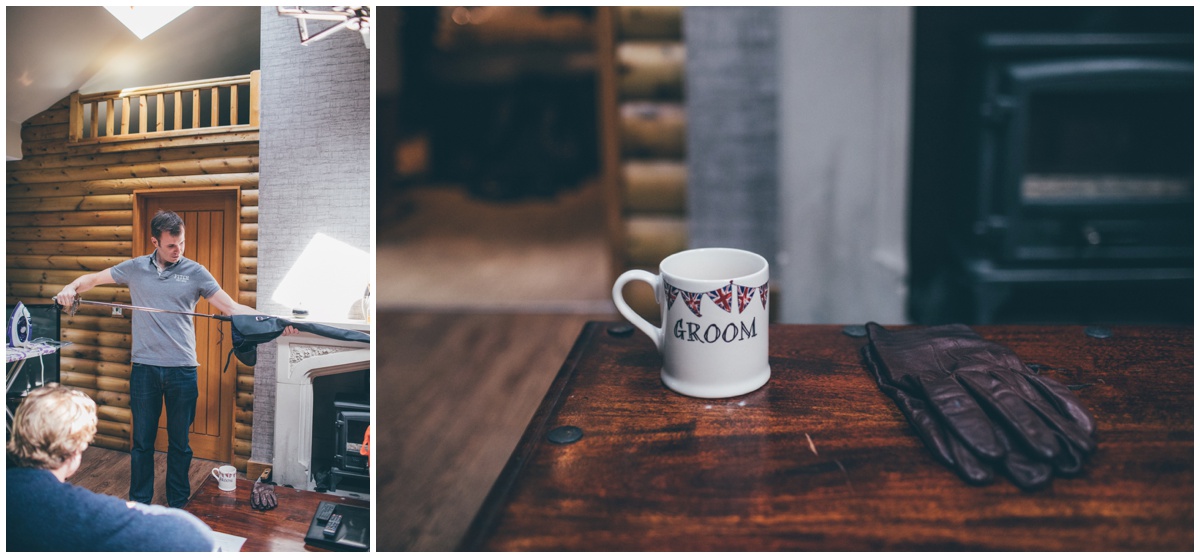 The groom gets ready on the morning of his wedding at the log cabins at Delamere Forest.
