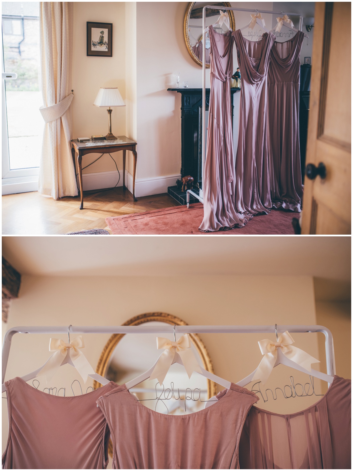Beautiful duskiy pink bridemaid dresses with personalised hangers.