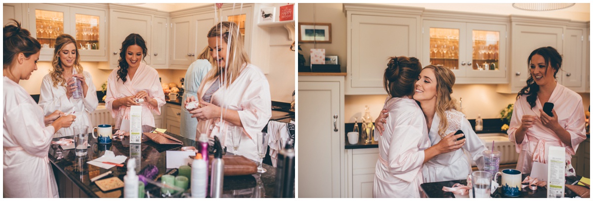 Bride gives her bridesmaids a Thank You gift on the morning of her wedding in Cheshire.